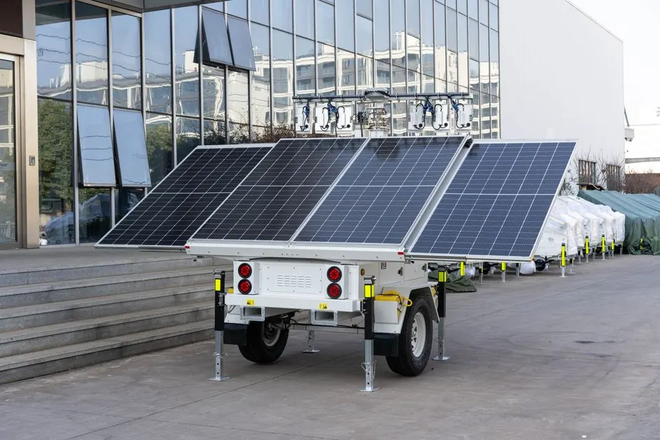 A mobile solar panel trailer parked outdoors by a modern building, showcasing renewable energy technology.