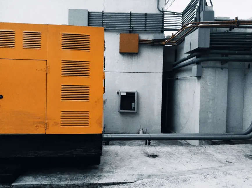 Outdoor view of an industrial generator with visible piping and wiring against a concrete wall.